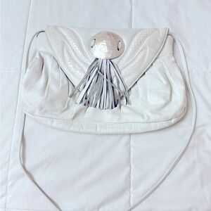 Vintage 80s Cream Abalone Shell & Tassel Accent Shoulder Purse Bag Granny Kitsch